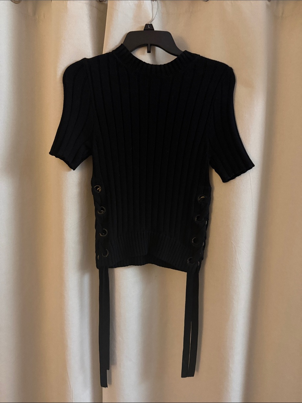Express Black Ribbed Short Sleeve Lace-Up Side Knit Top